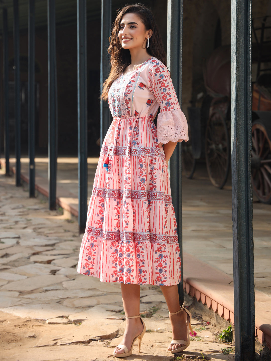 Juniper Women Pink Cotton Cambric Floral Printed Tiered Maxi Dress