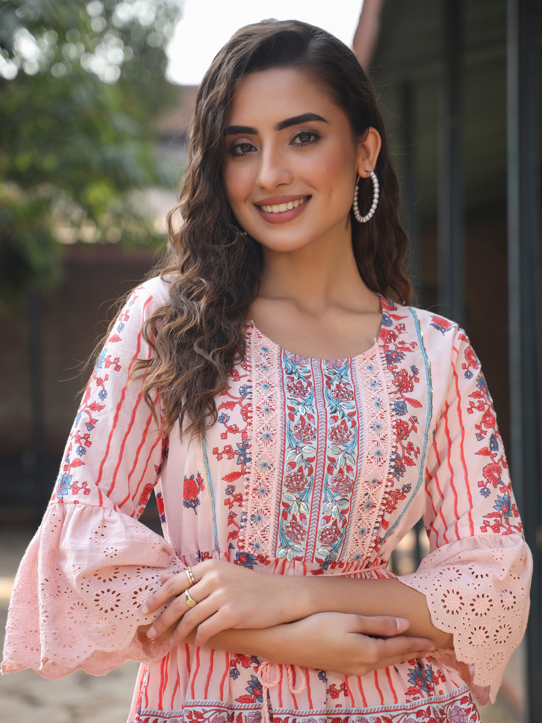 Juniper Women Pink Cotton Cambric Floral Printed Tiered Maxi Dress