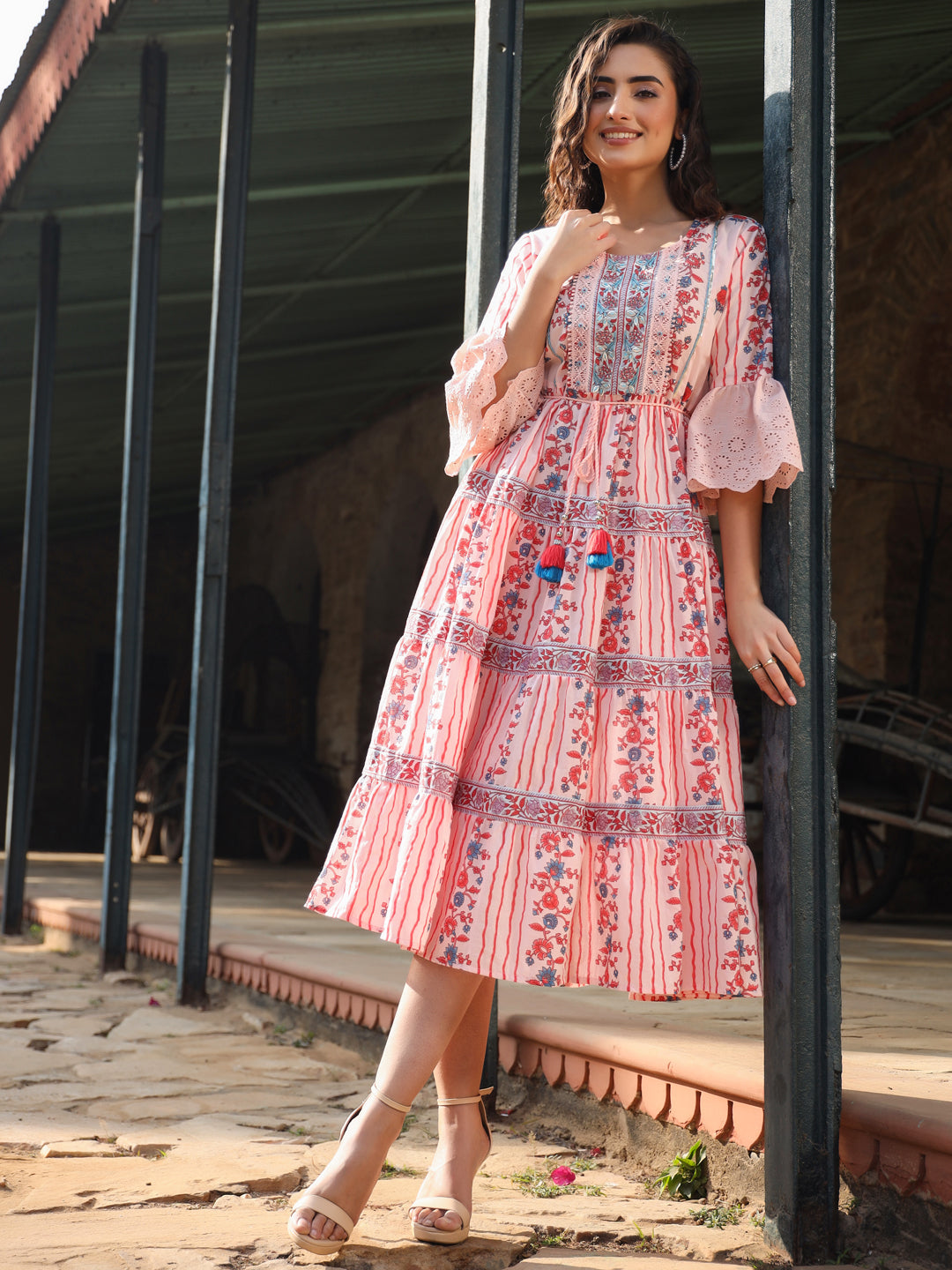 Juniper Women Pink Cotton Cambric Floral Printed Tiered Maxi Dress