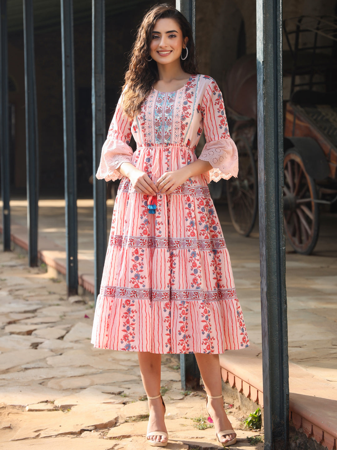 Juniper Women Pink Cotton Cambric Floral Printed Tiered Maxi Dress
