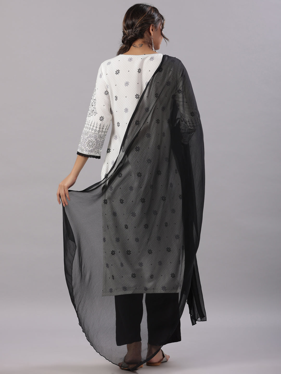 Juniper Women White Rayon Printed Kurta, Pants & Dupatta Set
