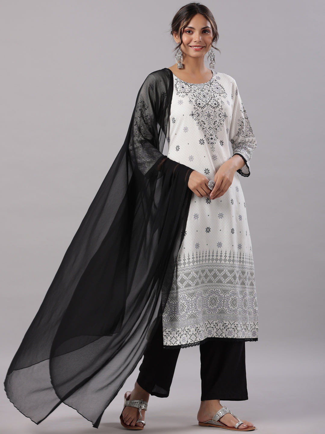 Juniper Women White Rayon Printed Kurta, Pants & Dupatta Set