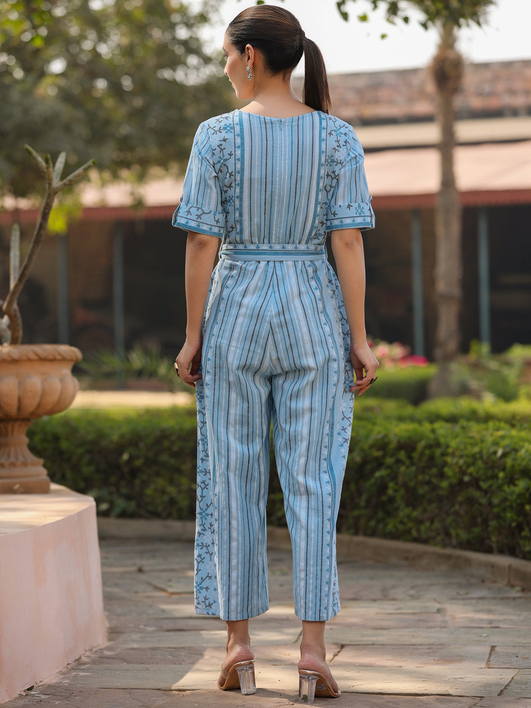 Juniper Women Sky-Blue Cotton Flex Jamdani Printed Jumpsuit
