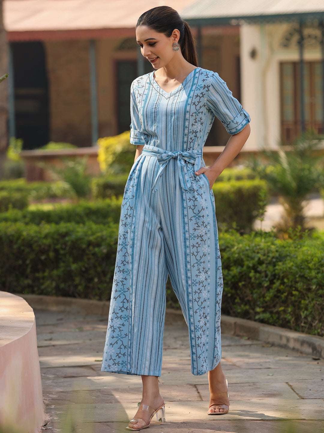 Juniper Women Sky-Blue Cotton Flex Jamdani Printed Jumpsuit