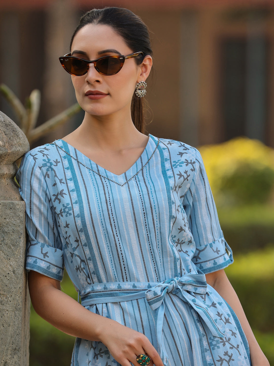 Juniper Women Sky-Blue Cotton Flex Jamdani Printed Jumpsuit