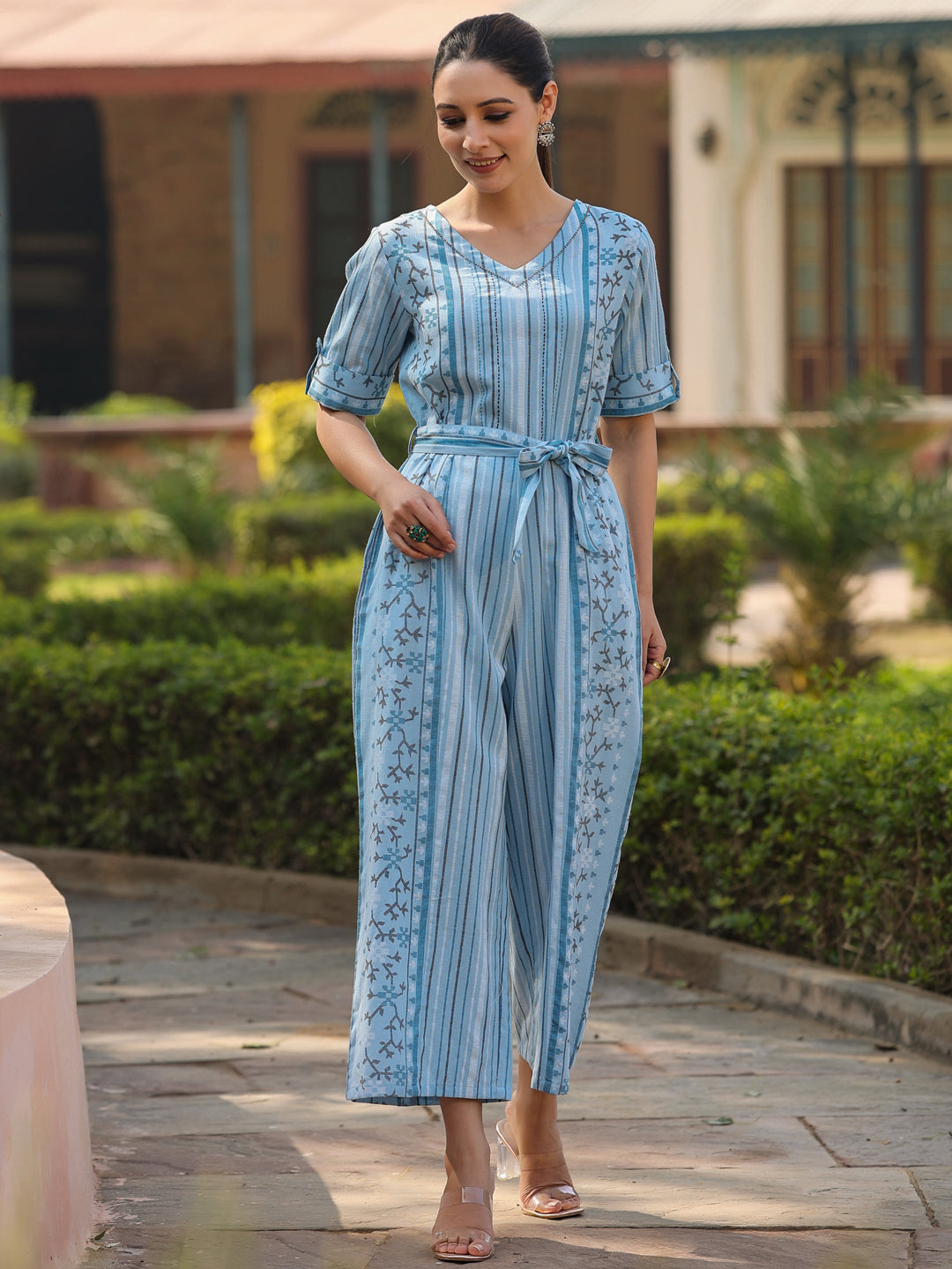 Juniper Women Sky-Blue Cotton Flex Jamdani Printed Jumpsuit