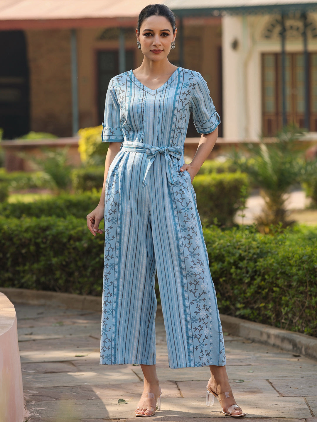 Juniper Women Sky-Blue Cotton Flex Jamdani Printed Jumpsuit