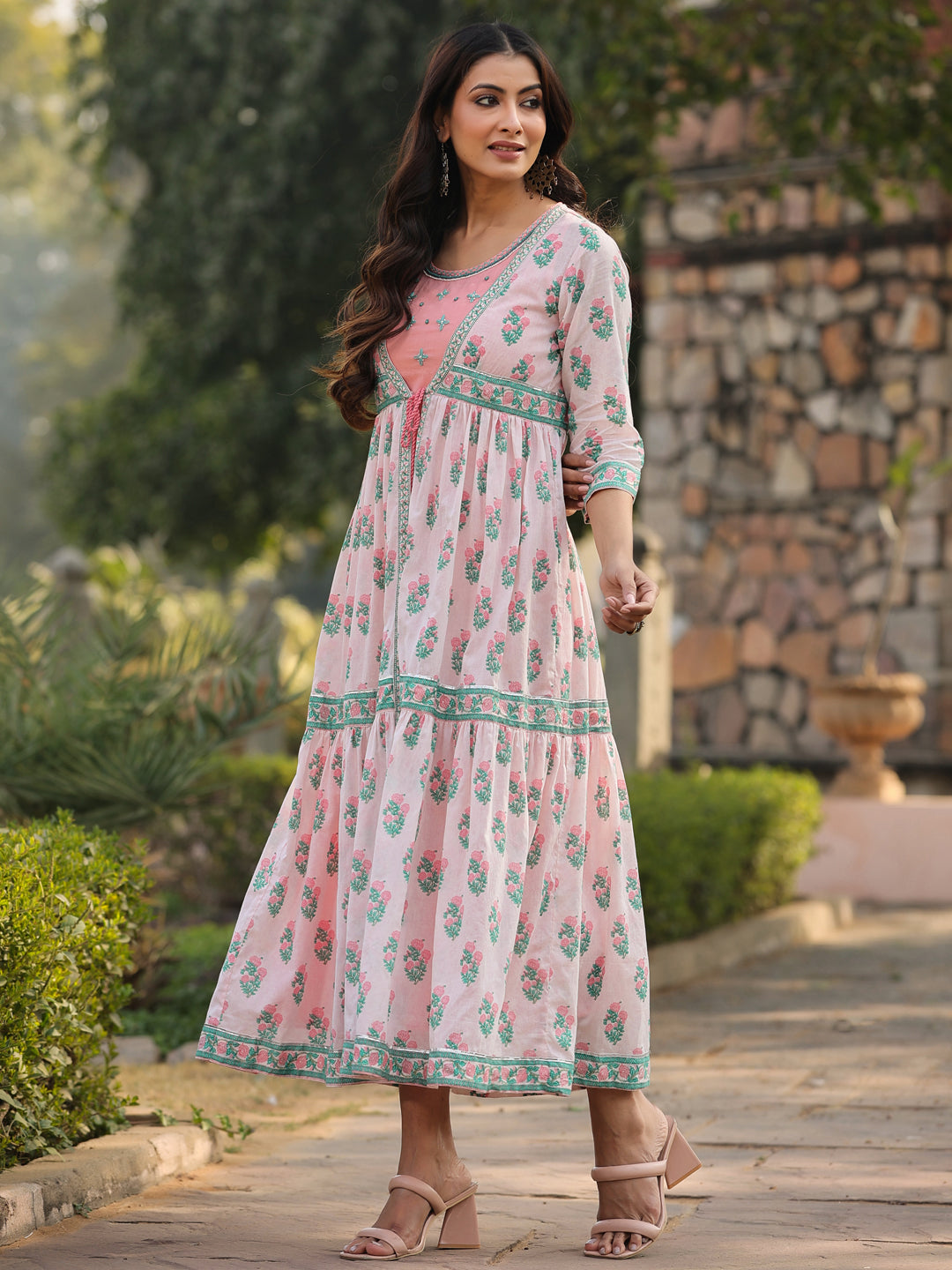 Juniper Women Pink Cambric Floral Printed Maxi Dress with Jacket
