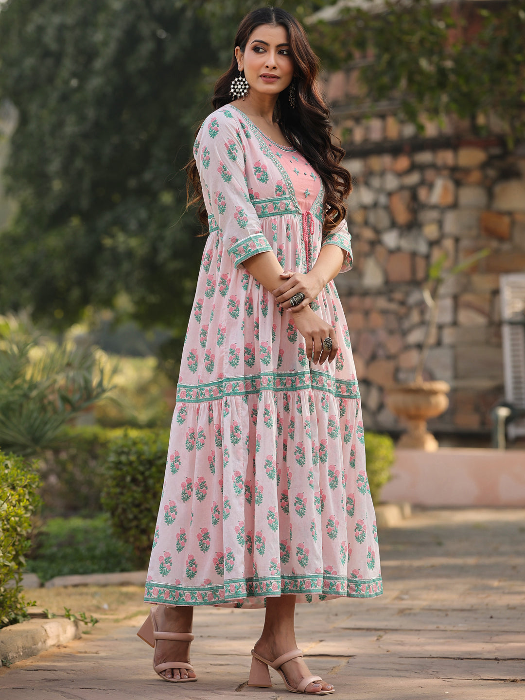 Juniper Women Pink Cambric Floral Printed Maxi Dress with Jacket