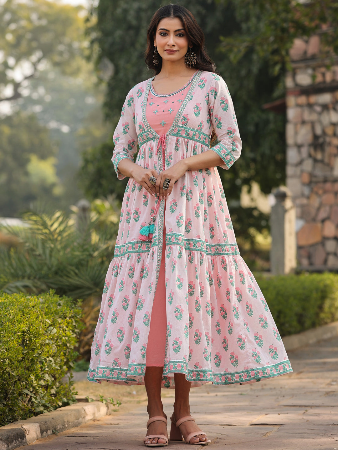 Juniper Women Pink Cambric Floral Printed Maxi Dress with Jacket