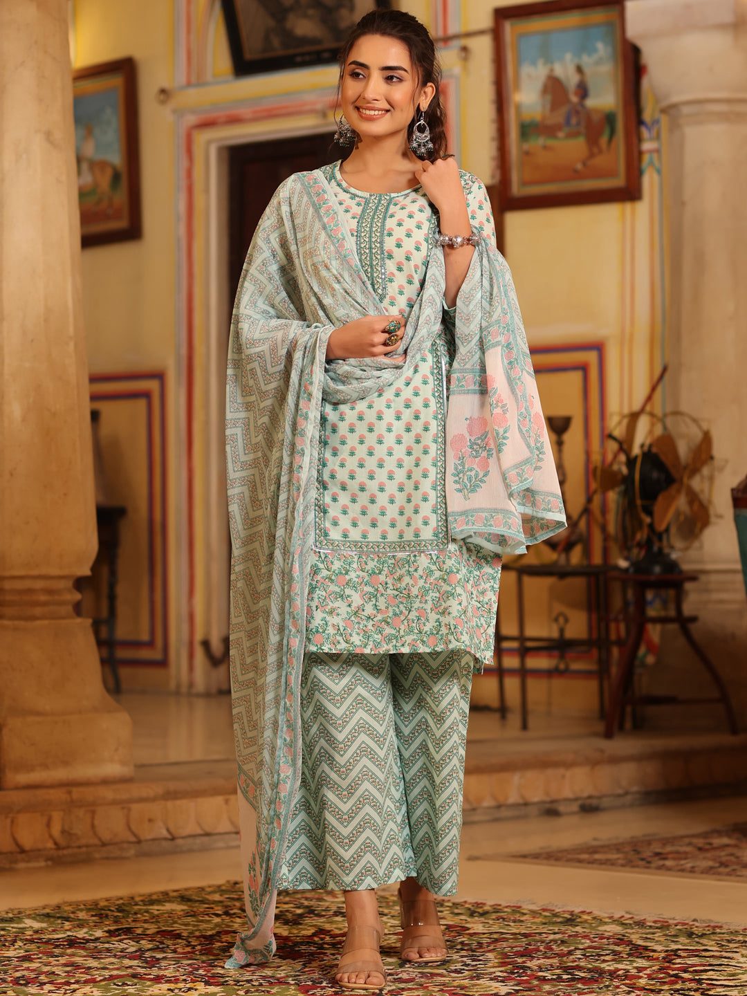 Juniper Women's Sea Green Cambric Floral Printed Kurta Palazzo Set