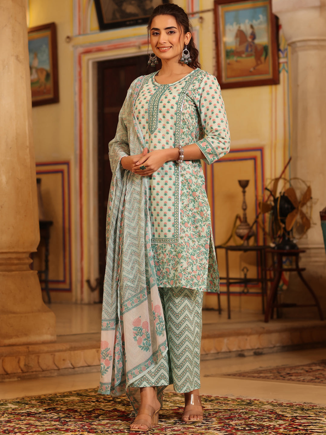Juniper Women's Sea Green Cambric Floral Printed Kurta Palazzo Set