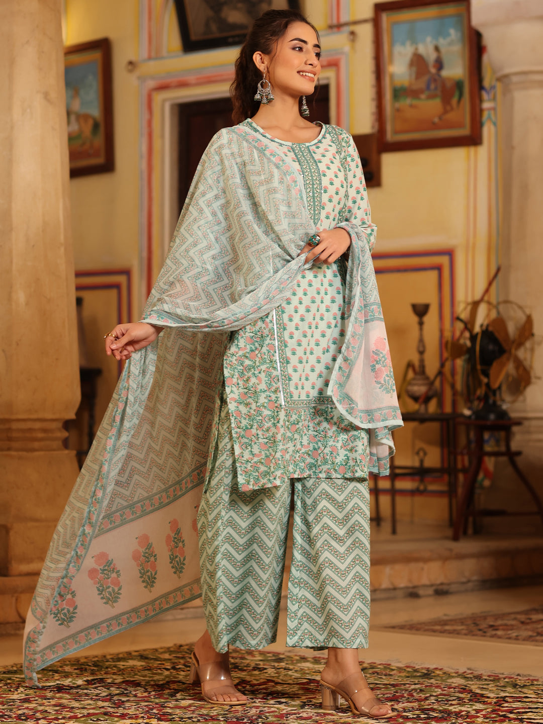Juniper Women's Sea Green Cambric Floral Printed Kurta Palazzo Set