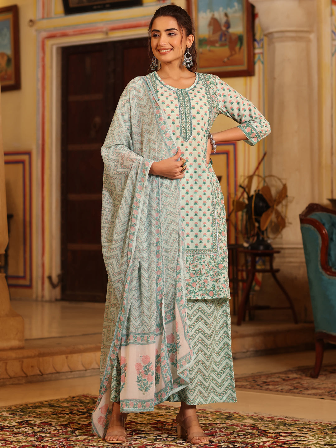 Juniper Women's Sea Green Cambric Floral Printed Kurta Palazzo Set