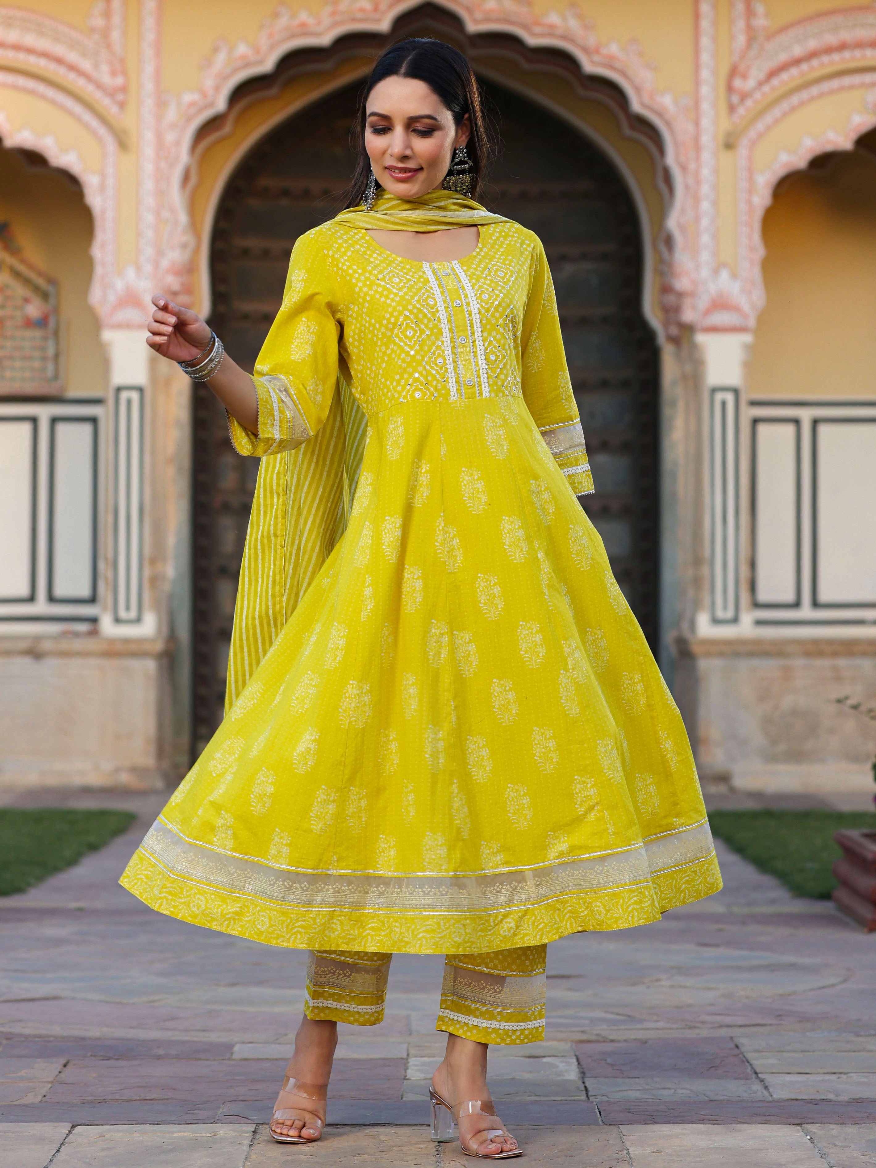 Juniper Women Lime Cotton Cambric Batik Texture Printed Anarkali Kurta, Pants and Dupatta Set