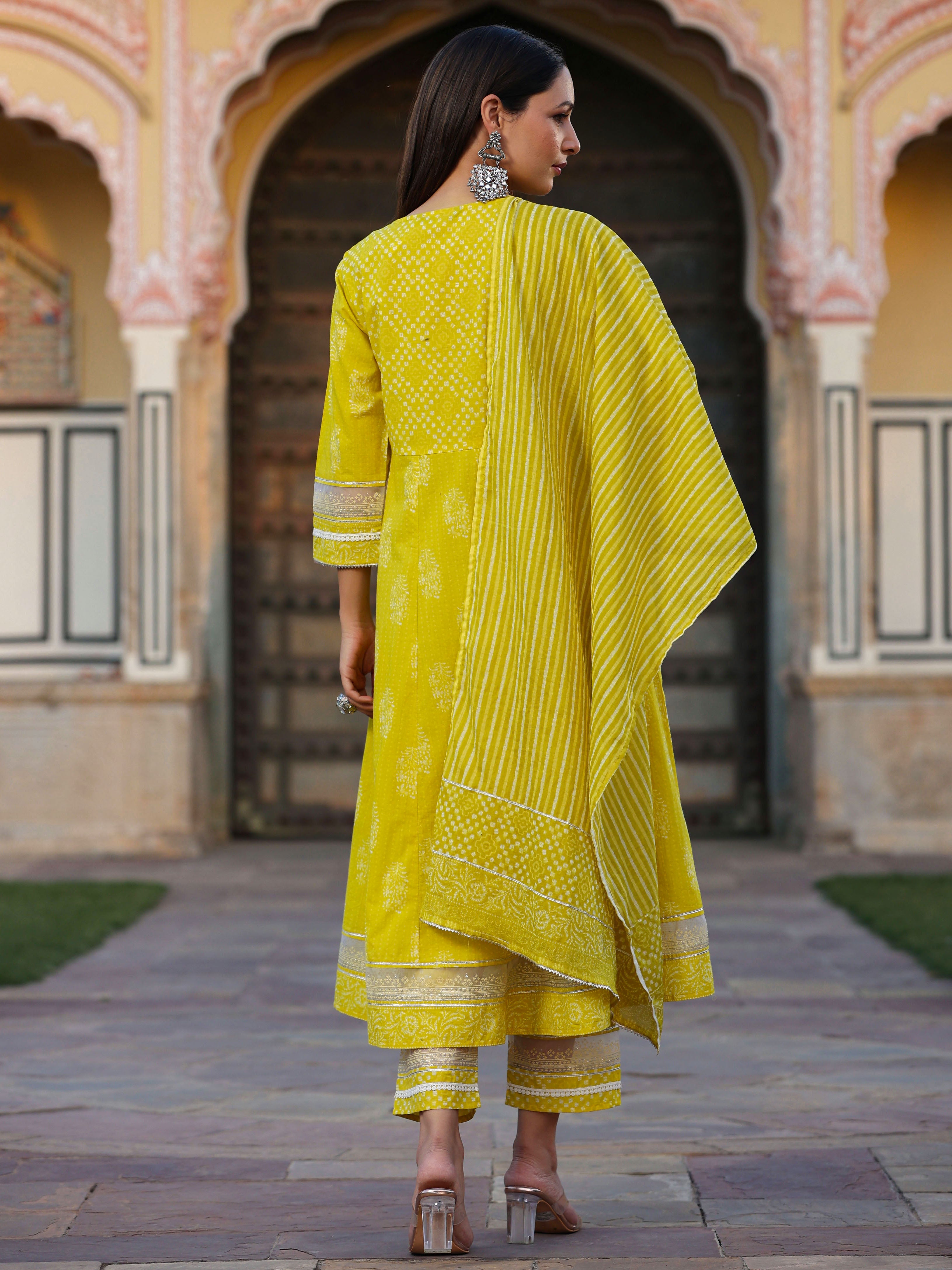 Juniper Women Lime Cotton Cambric Batik Texture Printed Anarkali Kurta, Pants and Dupatta Set
