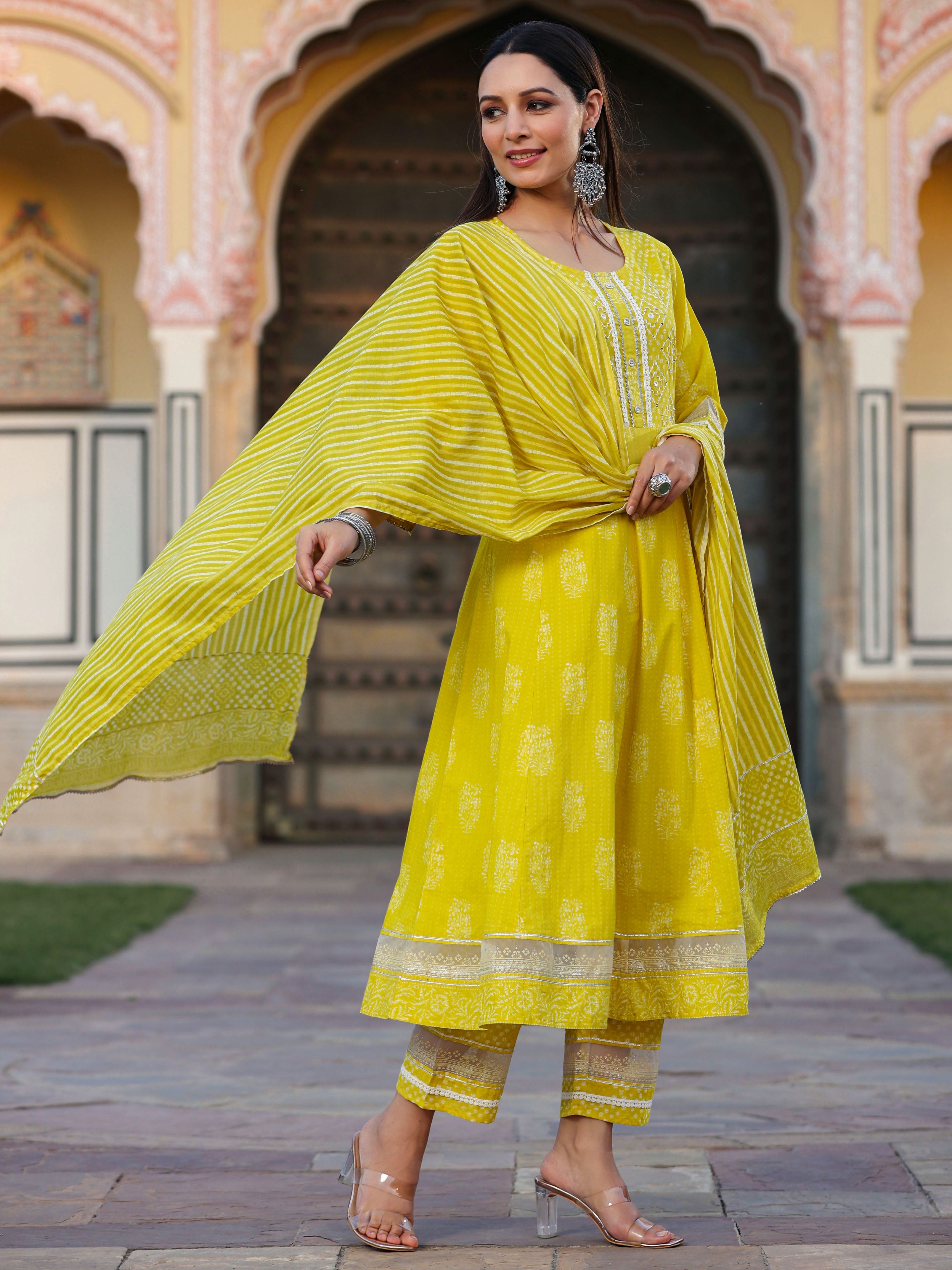 Juniper Women Lime Cotton Cambric Batik Texture Printed Anarkali Kurta, Pants and Dupatta Set