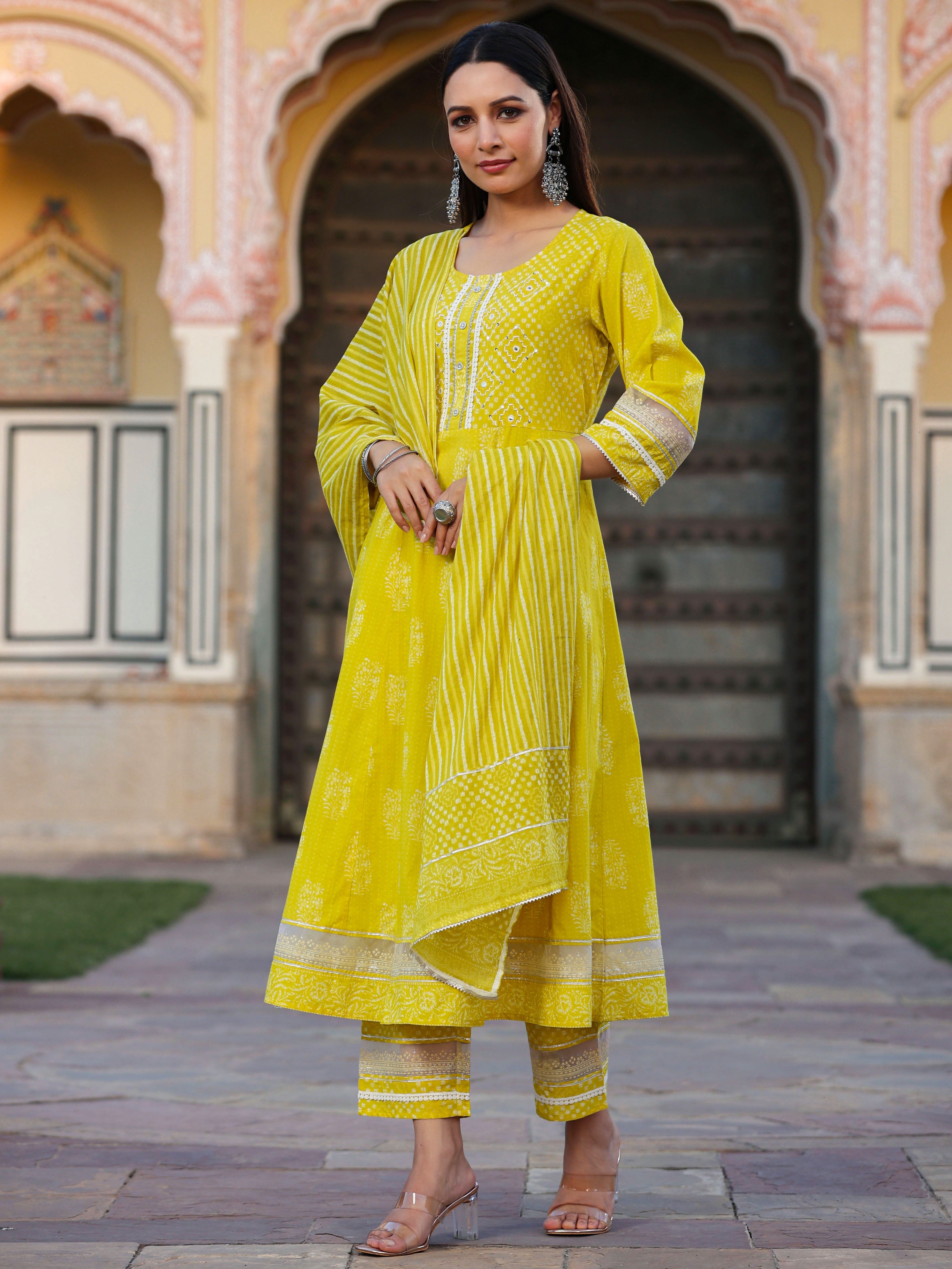 Juniper Women Lime Cotton Cambric Batik Texture Printed Anarkali Kurta, Pants and Dupatta Set