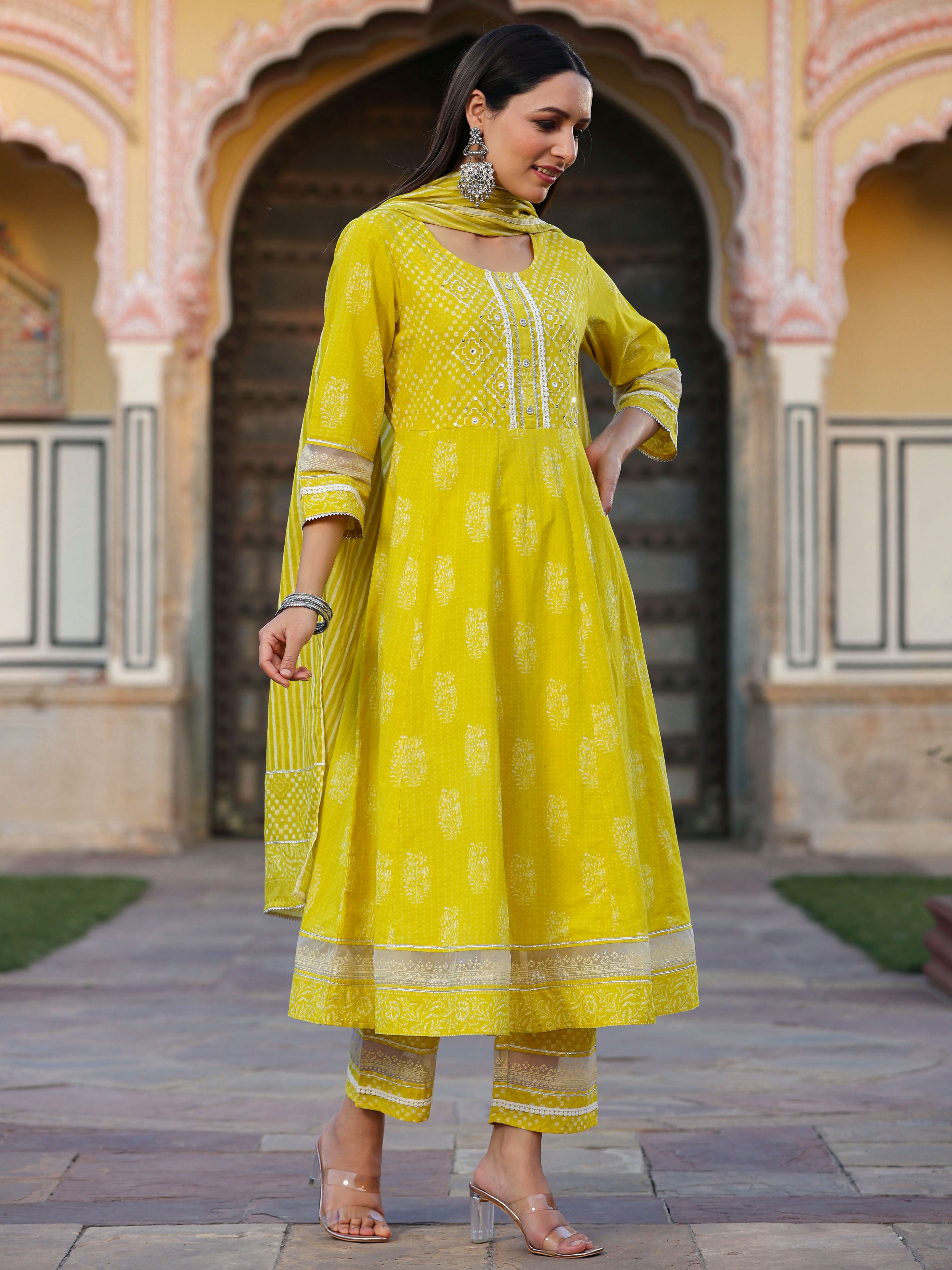 Juniper Women Lime Cotton Cambric Batik Texture Printed Anarkali Kurta, Pants and Dupatta Set