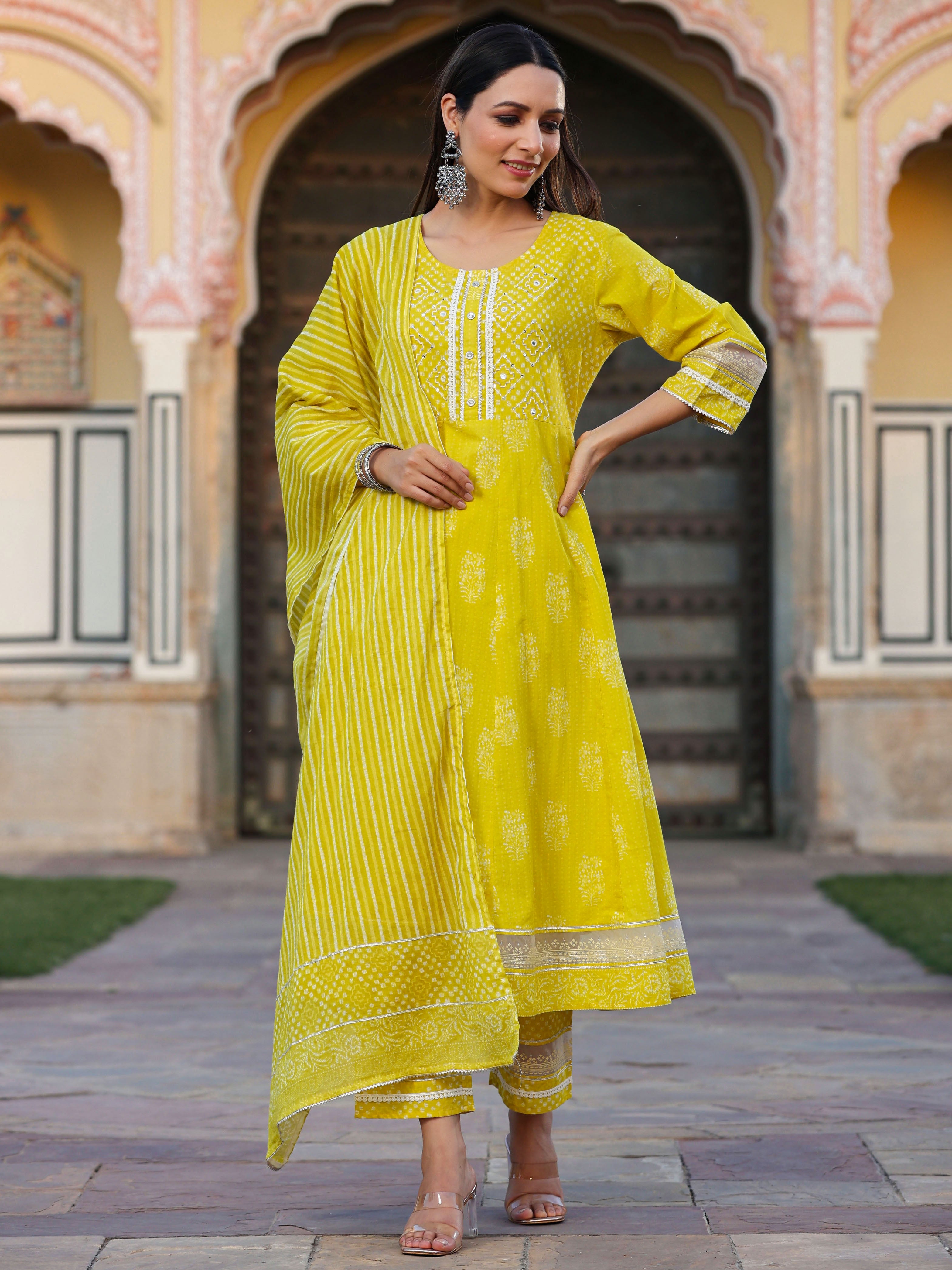Juniper Women Lime Cotton Cambric Batik Texture Printed Anarkali Kurta, Pants and Dupatta Set