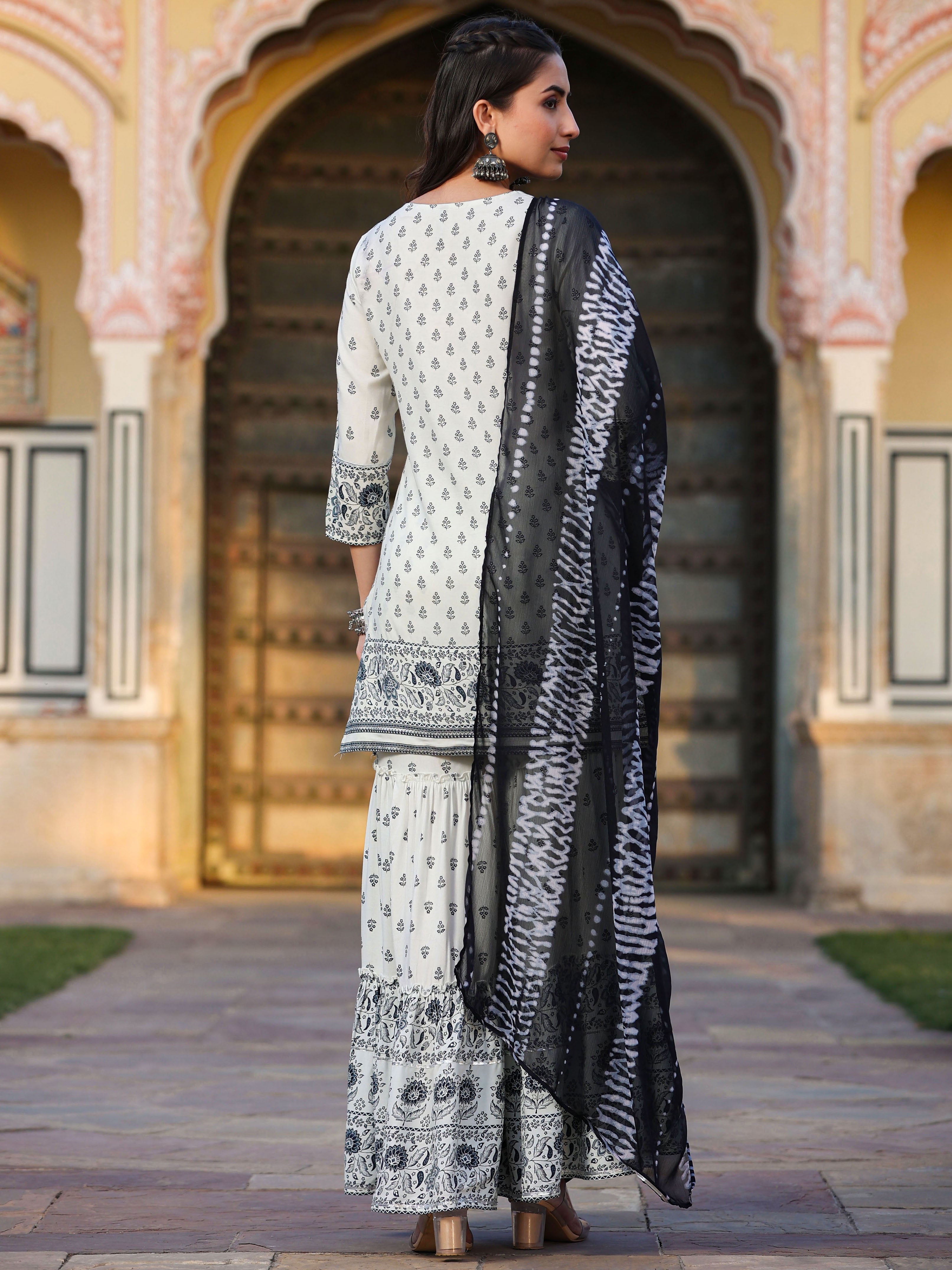 Juniper Women's Off White Rayon Floral Placement Kurta, Sharara & Dupatta Set