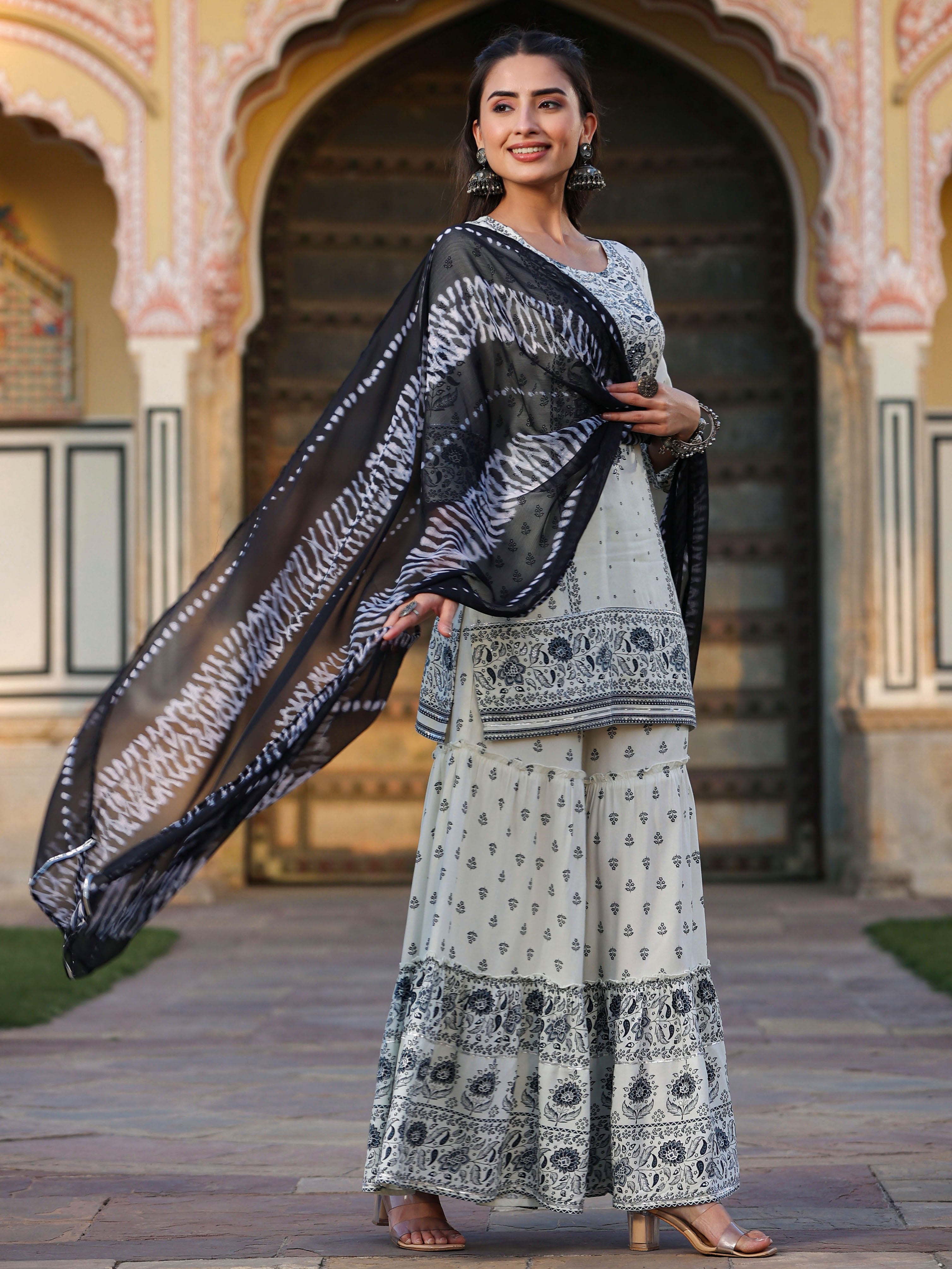 Juniper Women's Off White Rayon Floral Placement Kurta, Sharara & Dupatta Set