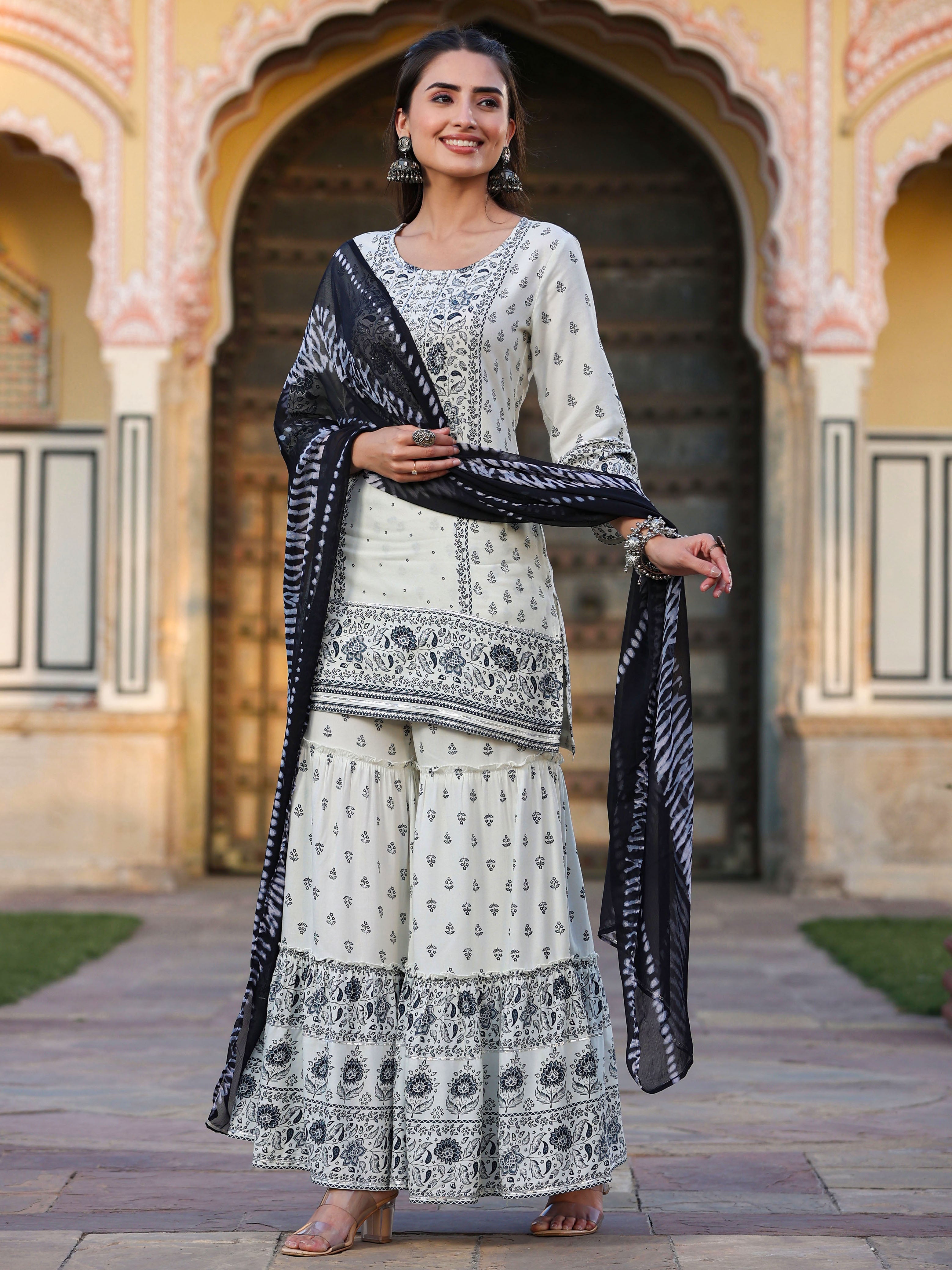 Juniper Women's Off White Rayon Floral Placement Kurta, Sharara & Dupatta Set