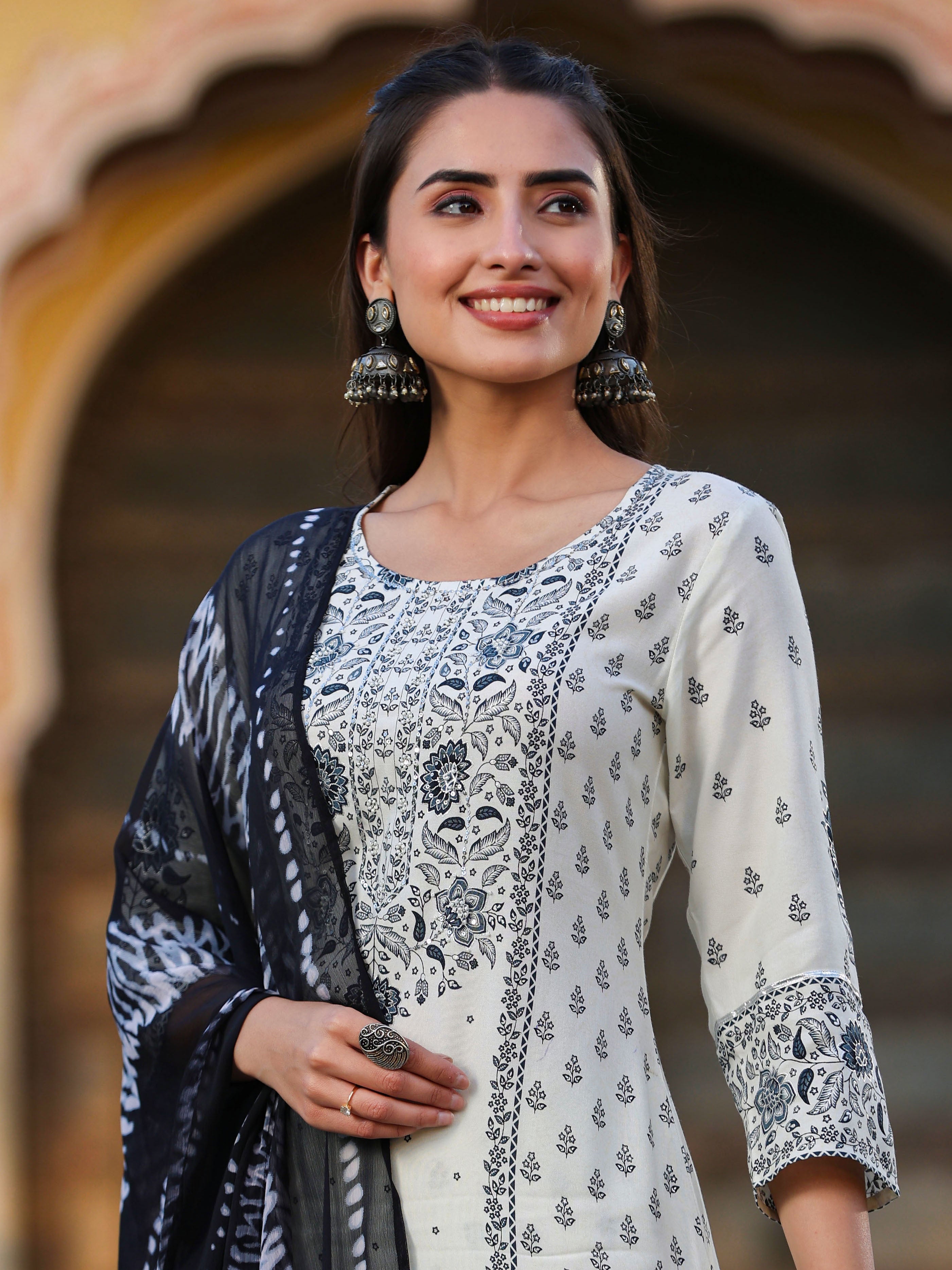 Juniper Women's Off White Rayon Floral Placement Kurta, Sharara & Dupatta Set