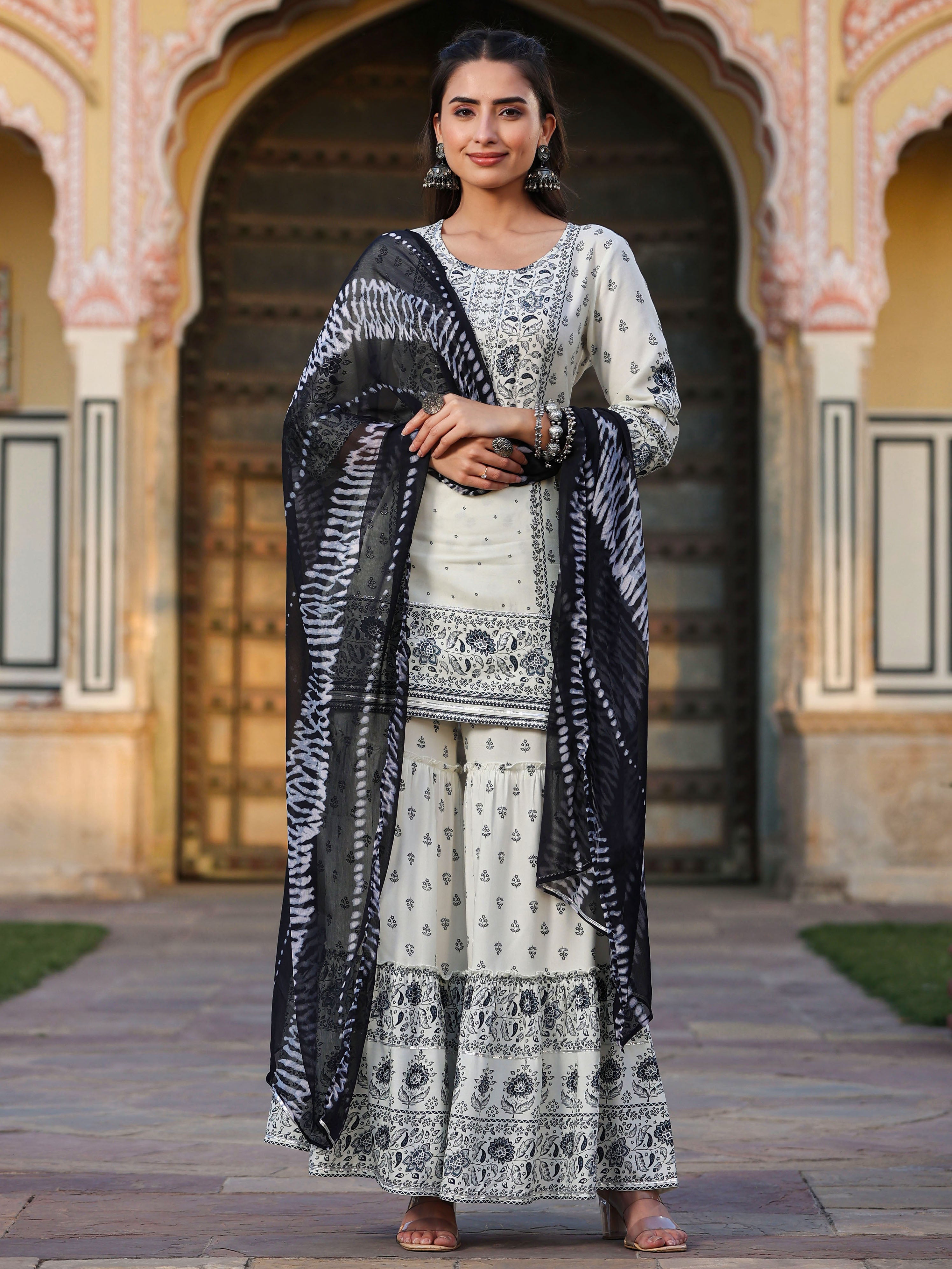 Juniper Women's Off White Rayon Floral Placement Kurta, Sharara & Dupatta Set
