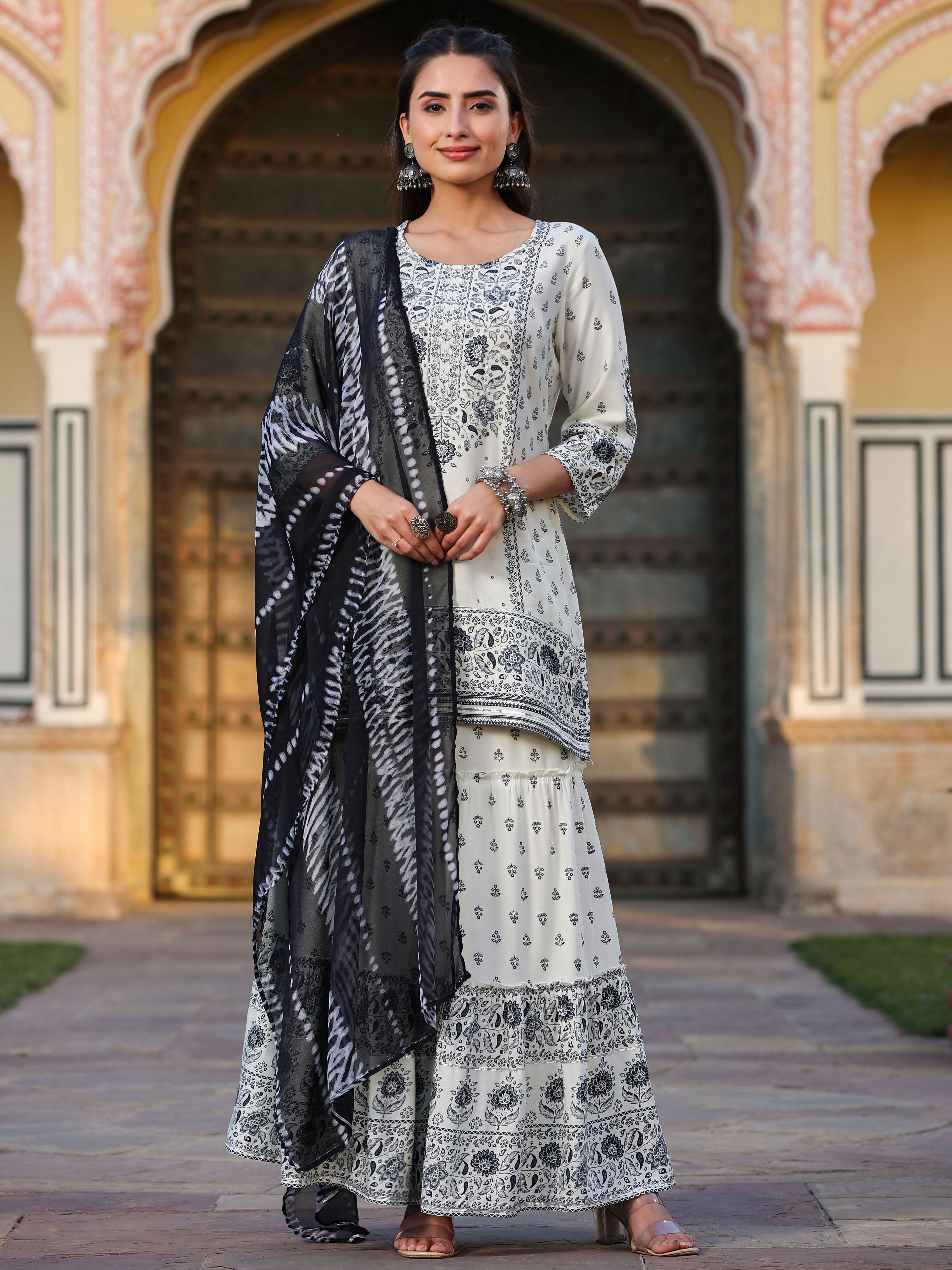 Juniper Women's Off White Rayon Floral Placement Kurta, Sharara & Dupatta Set