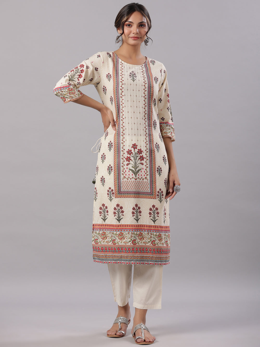 Juniper Women's Beige Cambric Floral Placement Printed Straight Fit Kurta, Pant & Dupatta Set