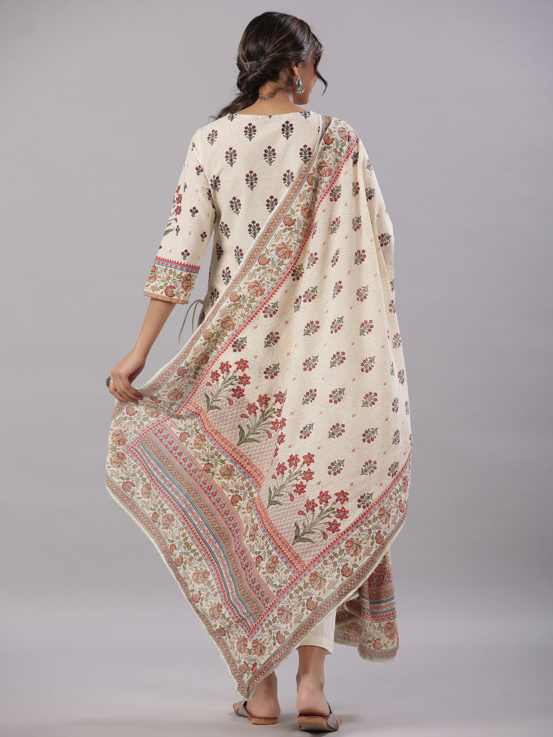 Juniper Women's Beige Cambric Floral Placement Printed Straight Fit Kurta, Pant & Dupatta Set