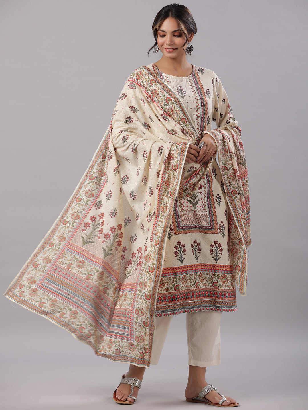 Juniper Women's Beige Cambric Floral Placement Printed Straight Fit Kurta, Pant & Dupatta Set