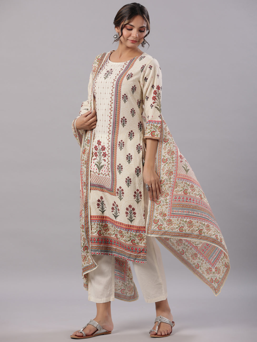 Juniper Women's Beige Cambric Floral Placement Printed Straight Fit Kurta, Pant & Dupatta Set
