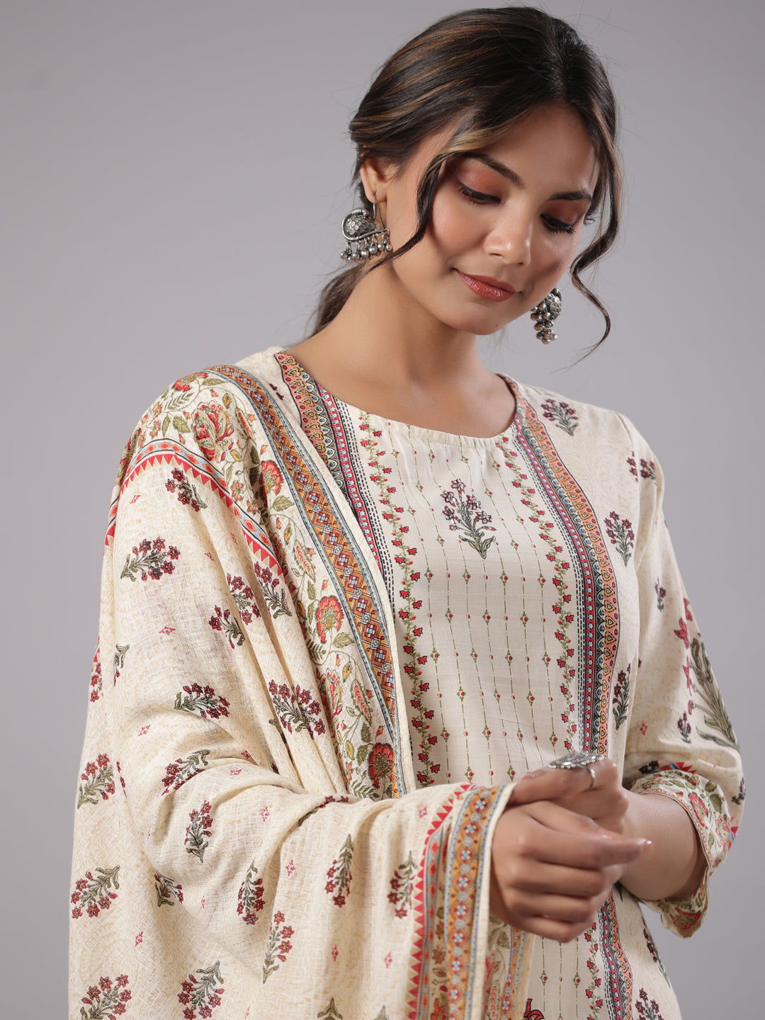 Juniper Women's Beige Cambric Floral Placement Printed Straight Fit Kurta, Pant & Dupatta Set