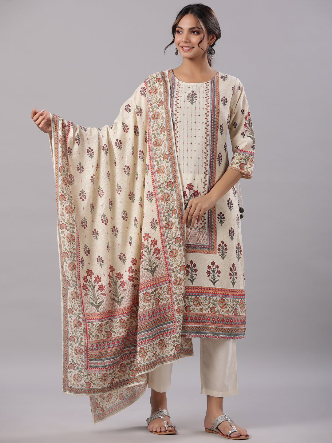 Juniper Women's Beige Cambric Floral Placement Printed Straight Fit Kurta, Pant & Dupatta Set