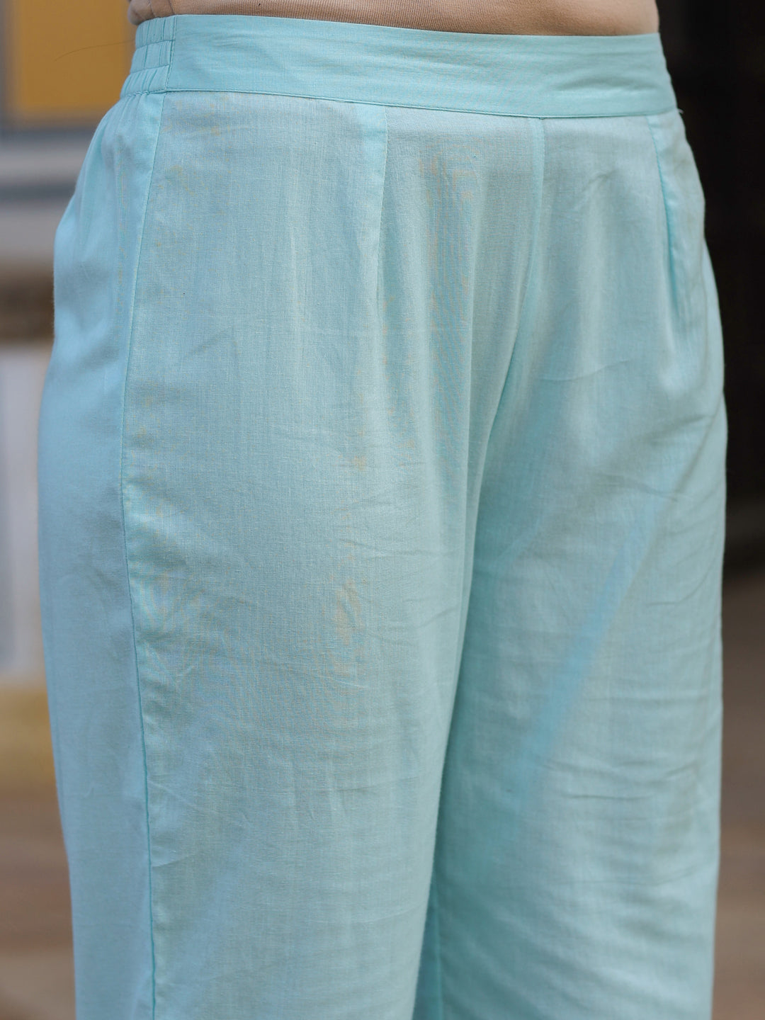 Juniper Sky Blue Ethnic Motif Printed Pure Cotton Kurta, Pants & Kota Doria Dupatta Set With beads & Sequins