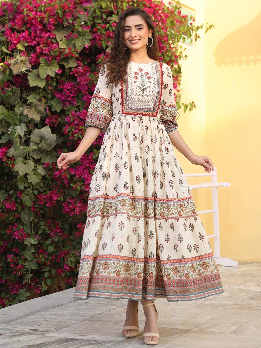 Juniper Women Beige Cotton Cambric Hand Block Look Printed Tiered Maxi Dress