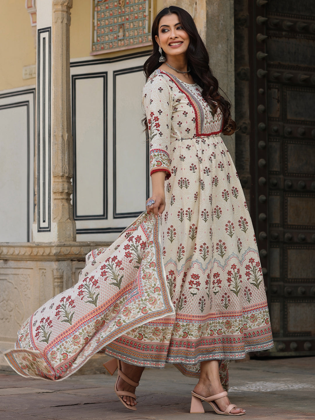 Juniper Women Beige Cotton Cambric Hand Block Look Printed Anarkali Kurta & Dupatta Set