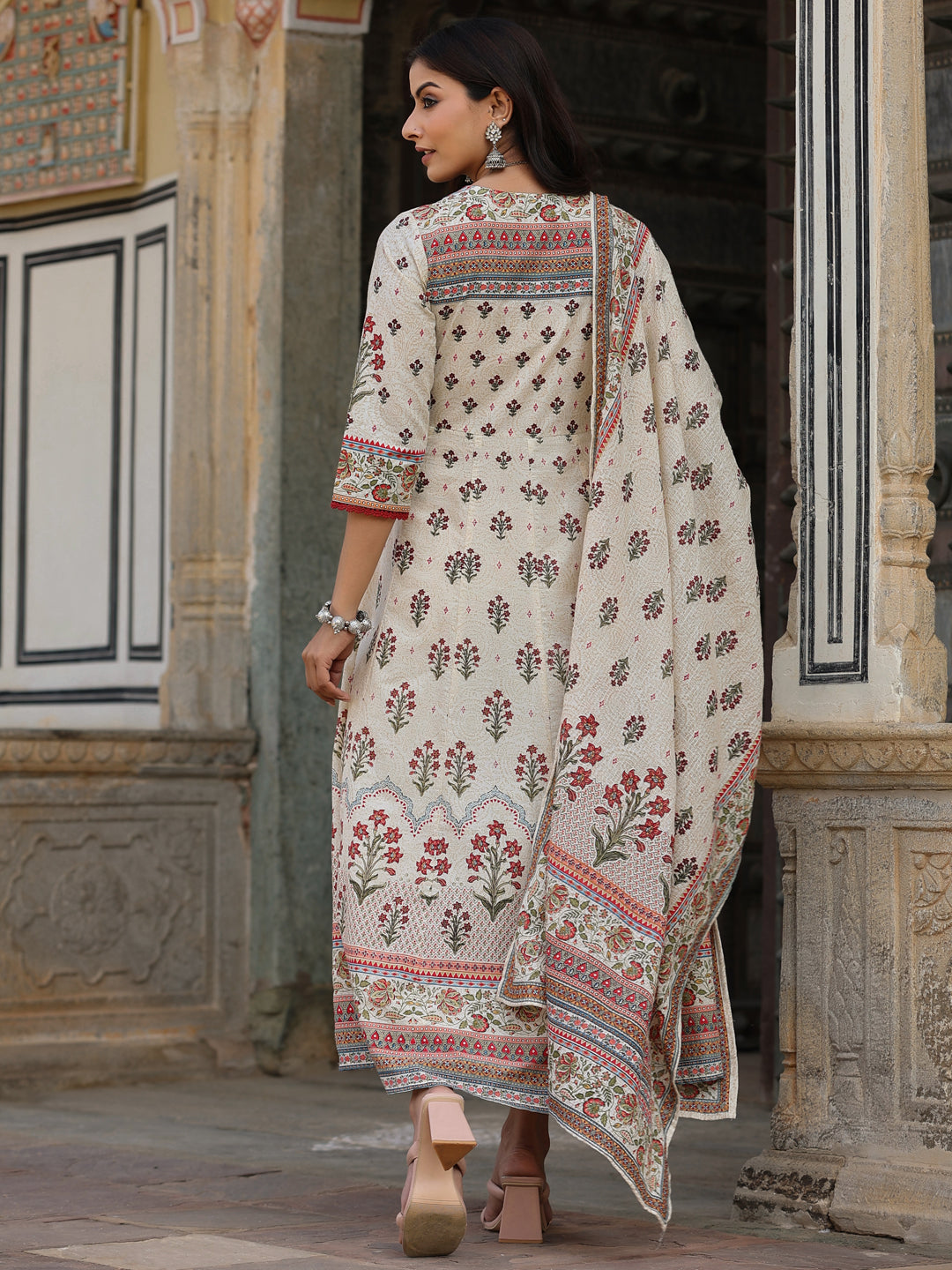Juniper Women Beige Cotton Cambric Hand Block Look Printed Anarkali Kurta & Dupatta Set