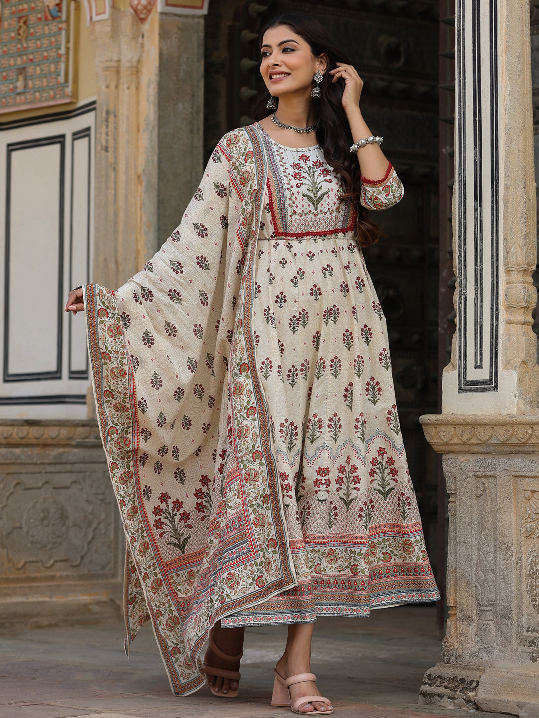 Juniper Women Beige Cotton Cambric Hand Block Look Printed Anarkali Kurta & Dupatta Set