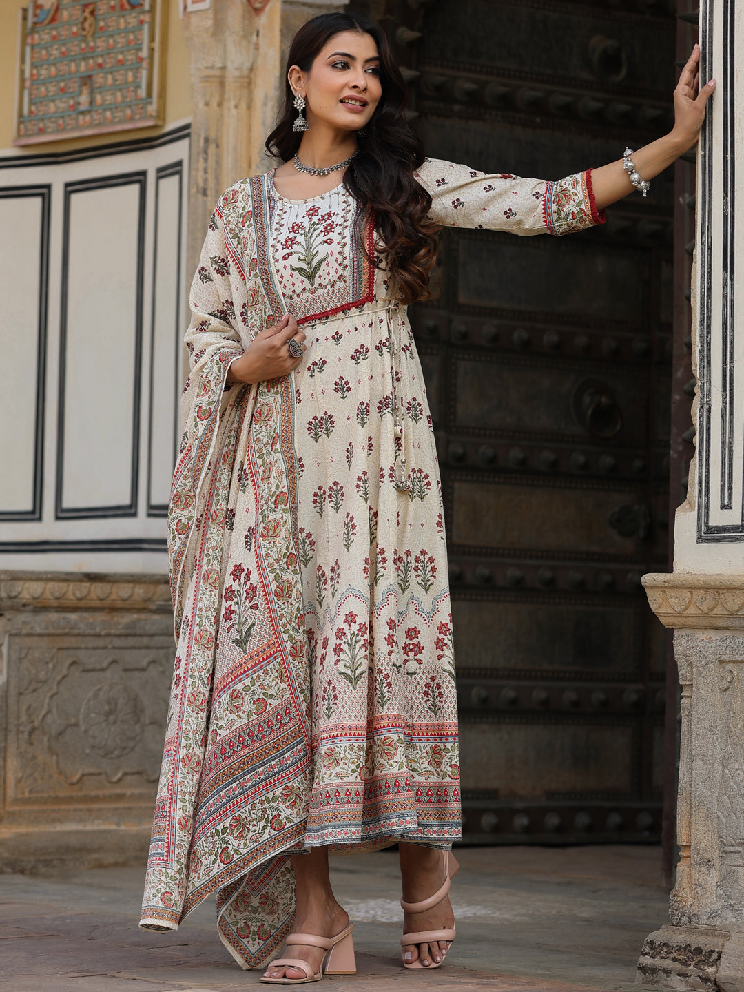 Juniper Women Beige Cotton Cambric Hand Block Look Printed Anarkali Kurta & Dupatta Set