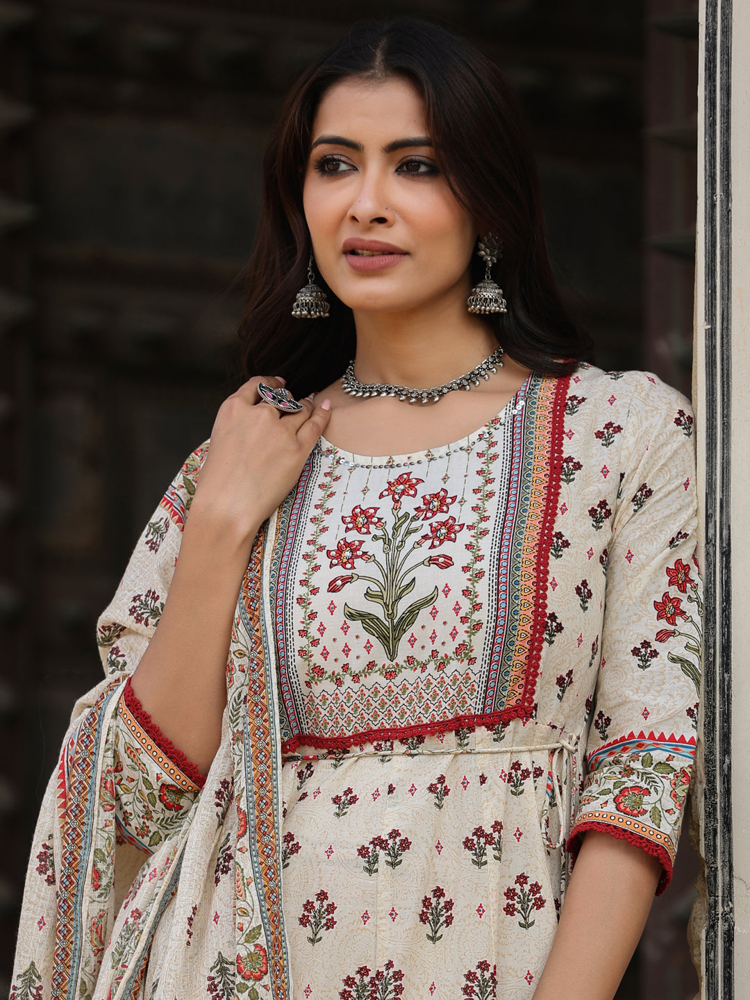Juniper Women Beige Cotton Cambric Hand Block Look Printed Anarkali Kurta & Dupatta Set