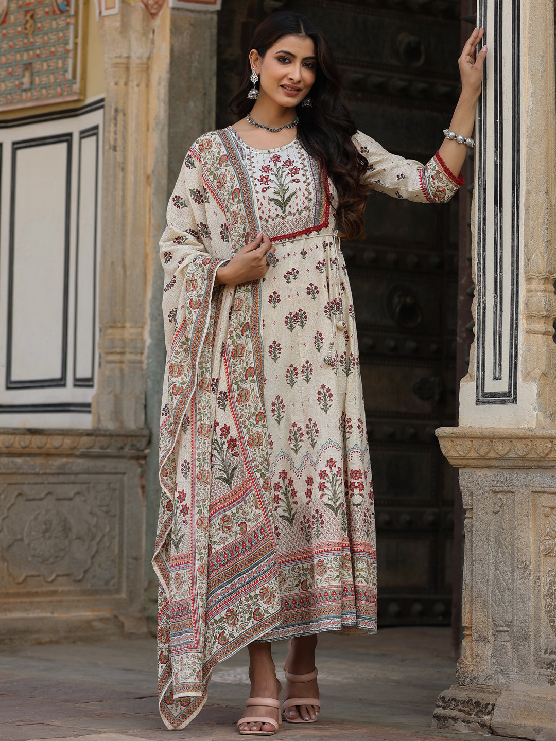 Juniper Women Beige Cotton Cambric Hand Block Look Printed Anarkali Kurta & Dupatta Set