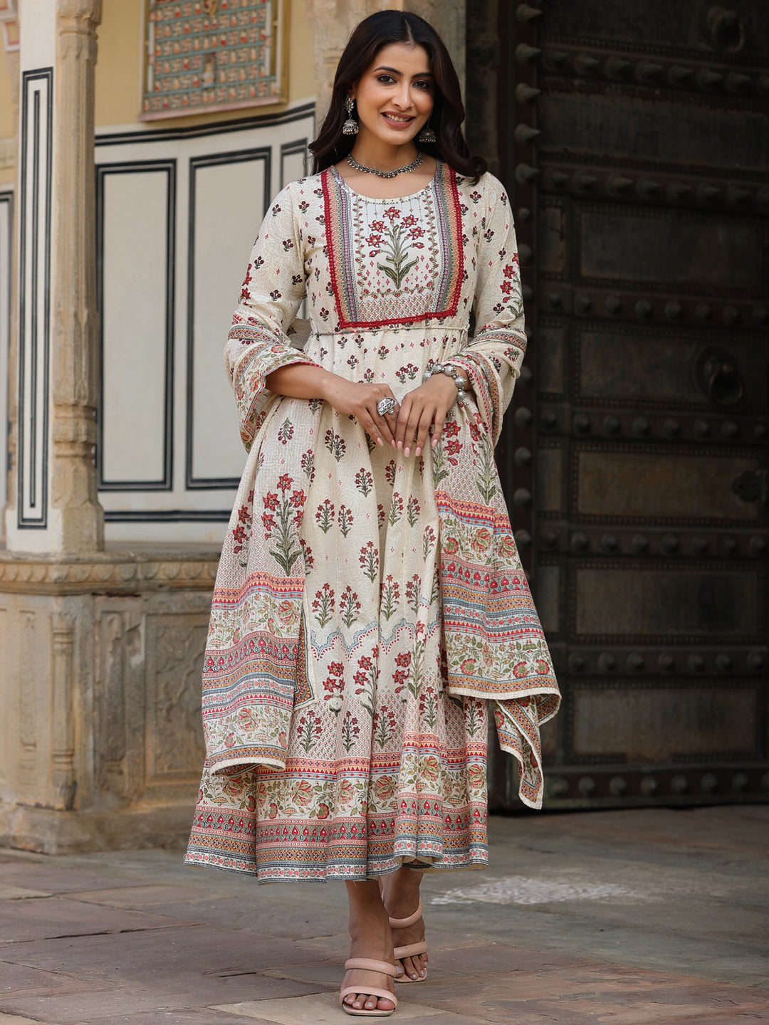 Juniper Women Beige Cotton Cambric Hand Block Look Printed Anarkali Kurta & Dupatta Set