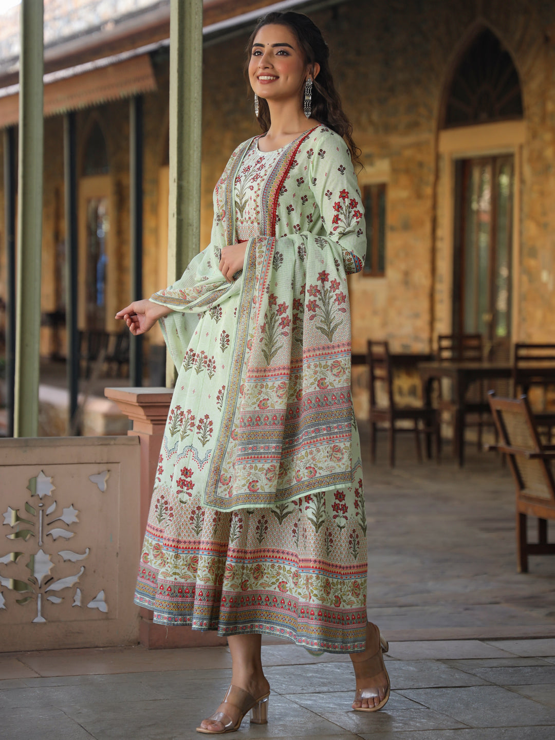 Juniper Women Lime Cotton Cambric Hand Block Look Printed Anarkali Kurta & Dupatta Set