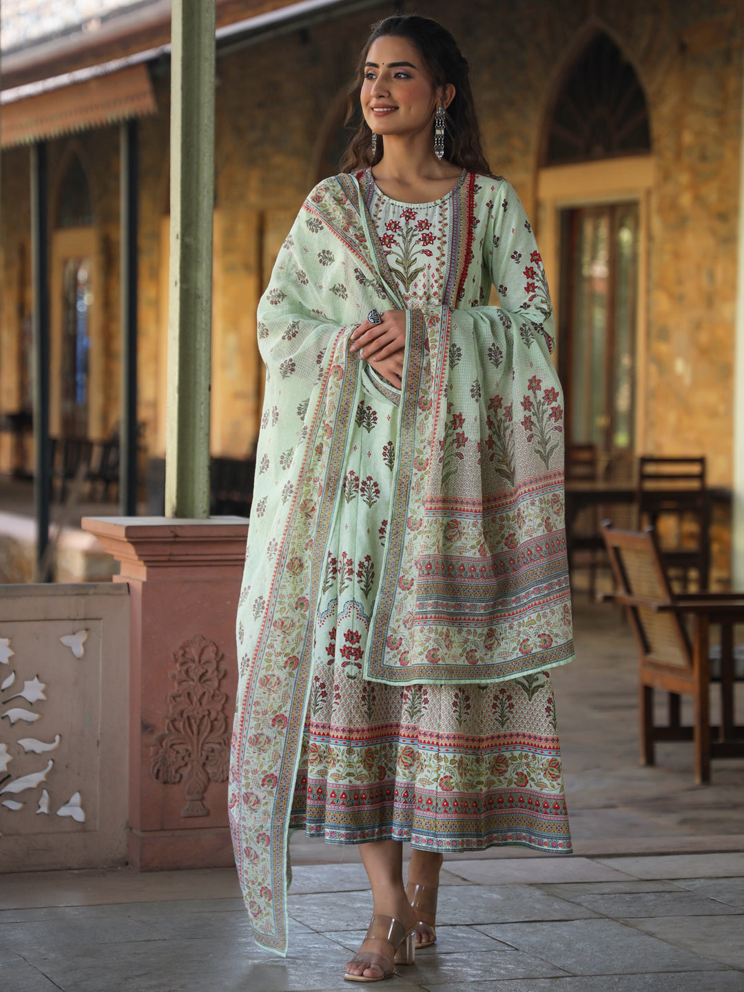 Juniper Women Lime Cotton Cambric Hand Block Look Printed Anarkali Kurta & Dupatta Set