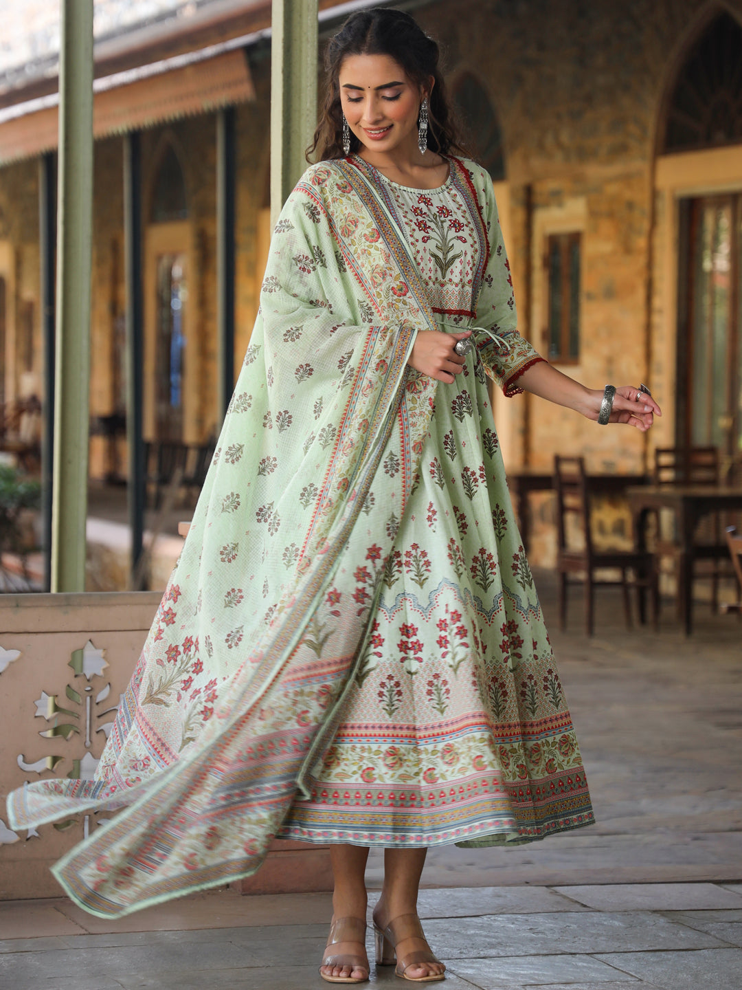 Juniper Women Lime Cotton Cambric Hand Block Look Printed Anarkali Kurta & Dupatta Set