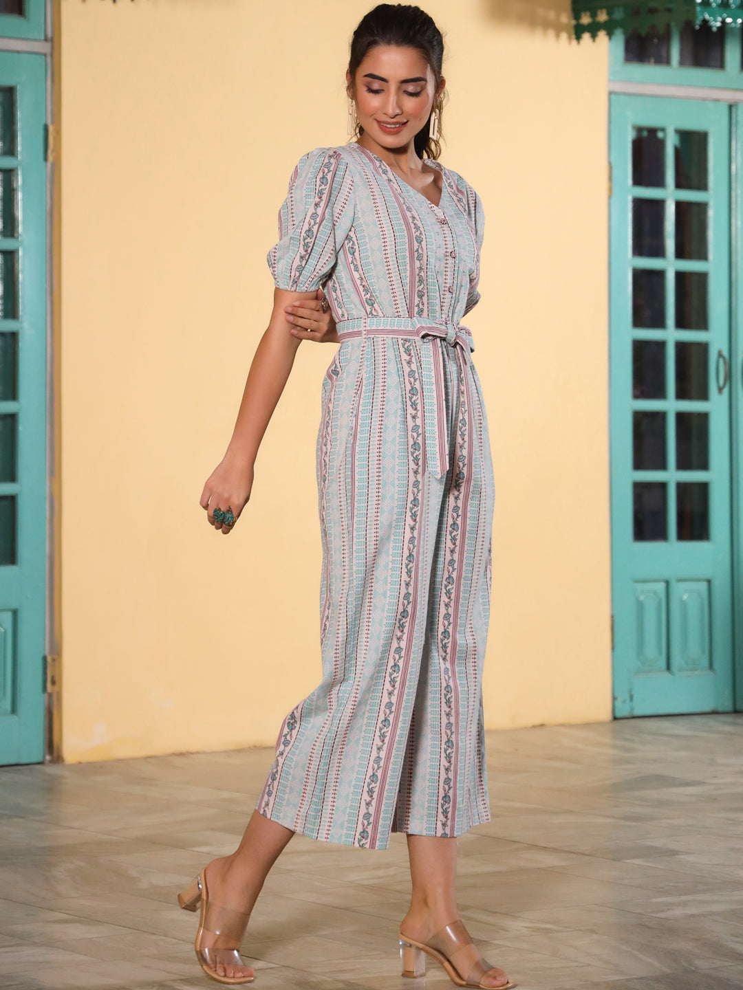 Juniper Women Pink Cotton Flex Floral Printed Jumpsuit
