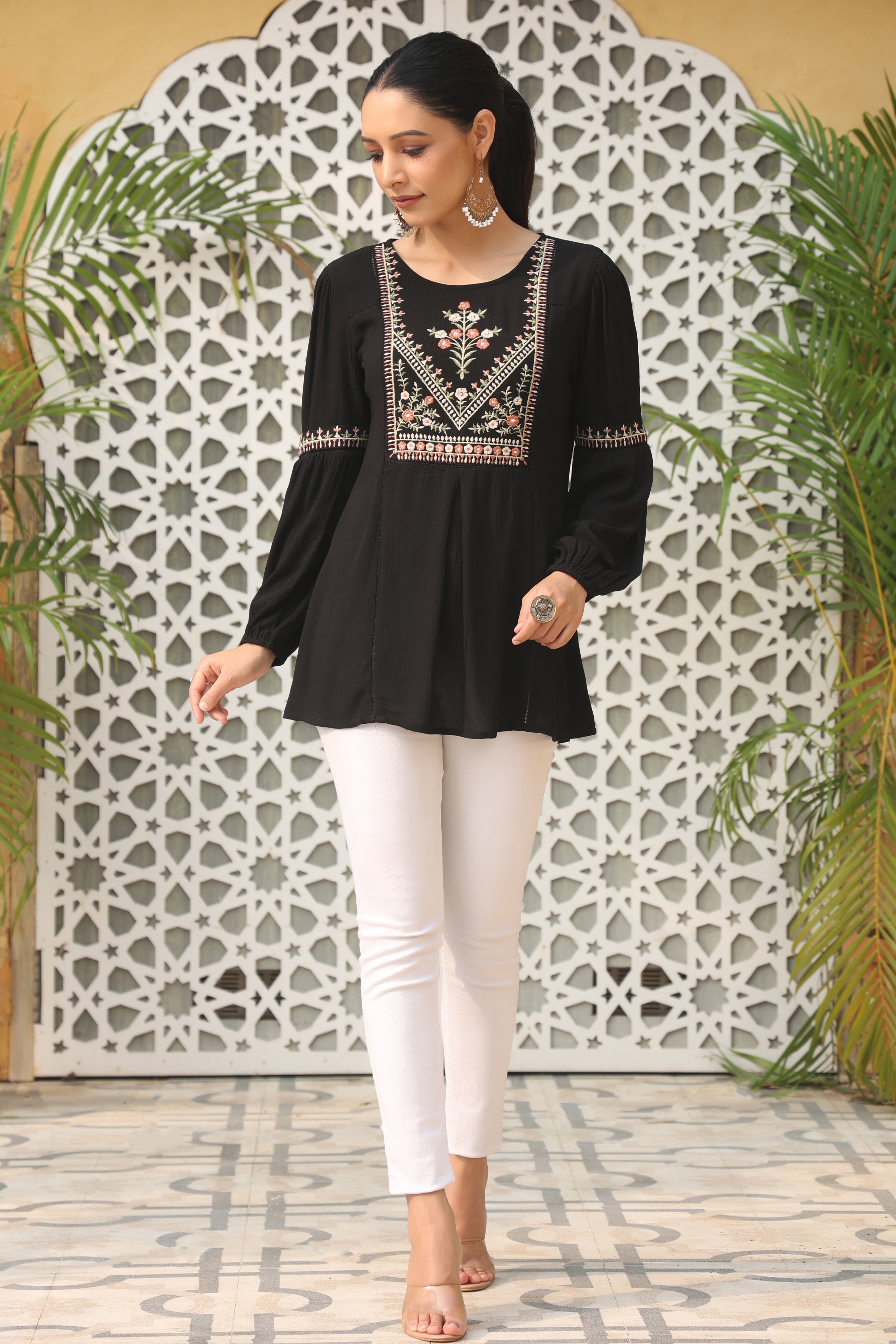 Juniper Women's Black Rayon Crepe Solid With Embroidered Flared Tunic